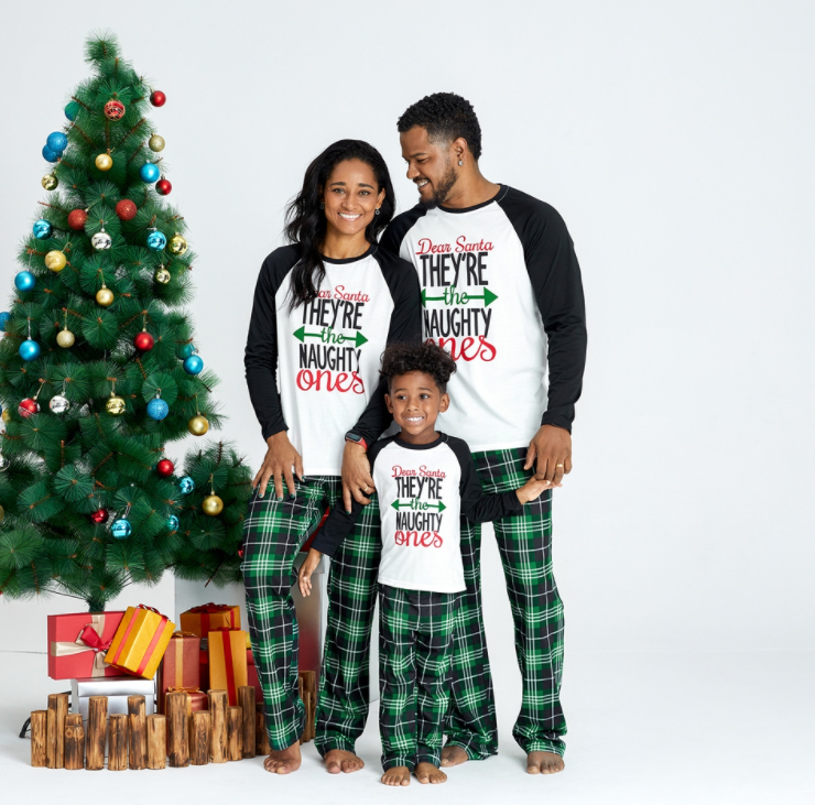 Christmas Letter Contrast Top and Plaid Pants Family Matching Pajamas Sets (Flame Resistant)
