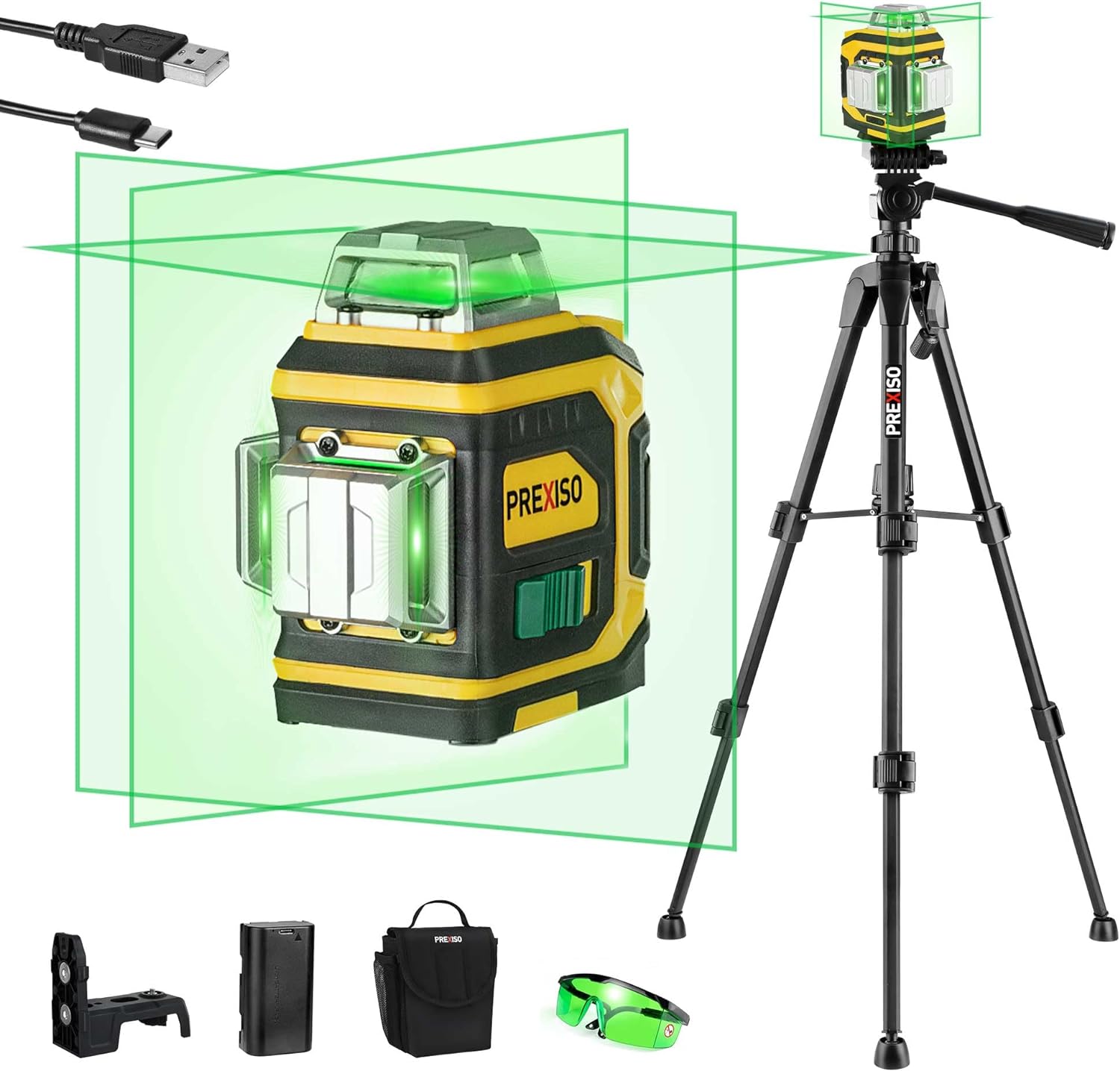 PREXISO Rechargeable 360° Self Leveling Green Laser Level with Tripod