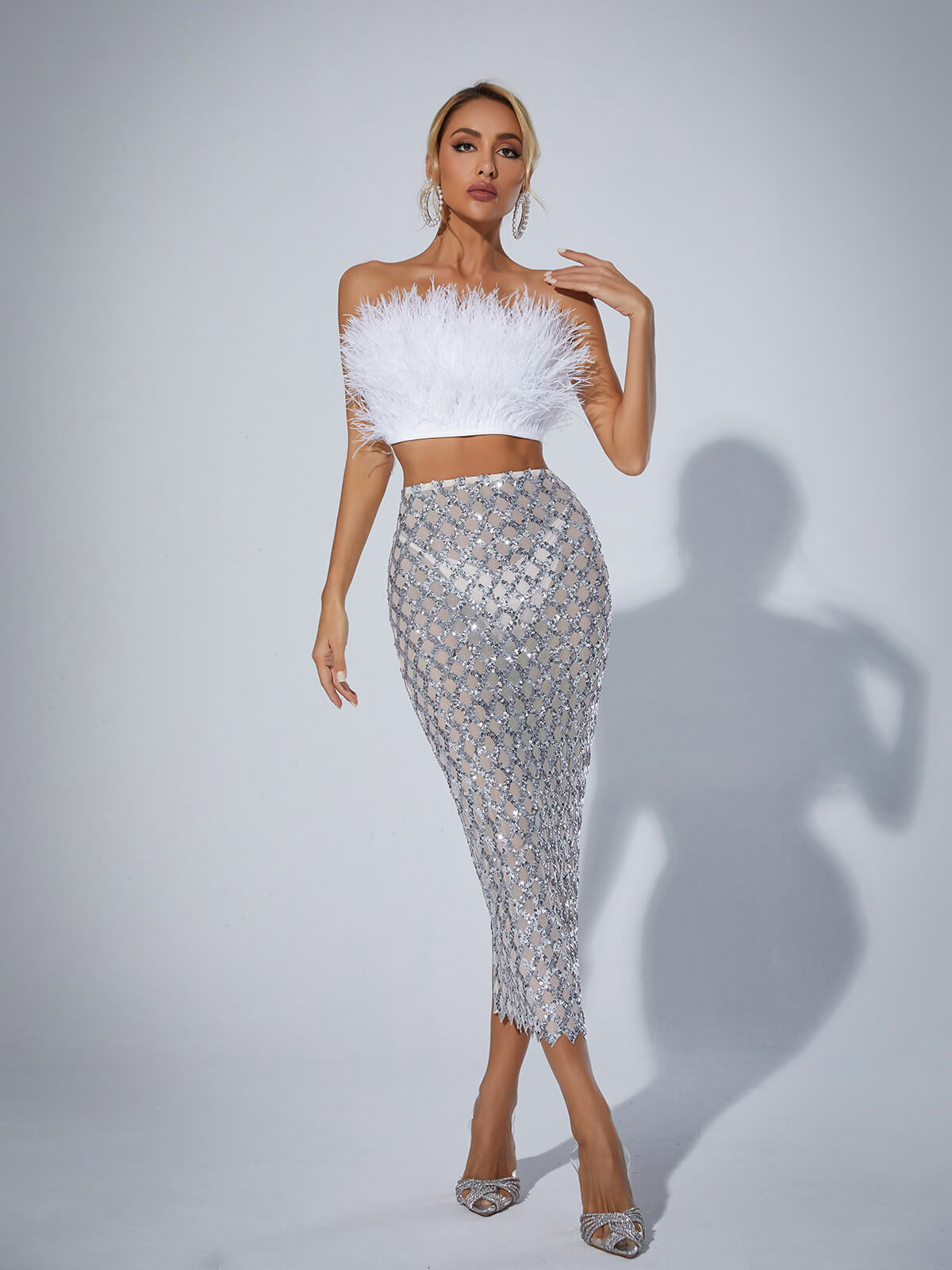 Ansley Strapless Feather Mesh Skirt Set In White