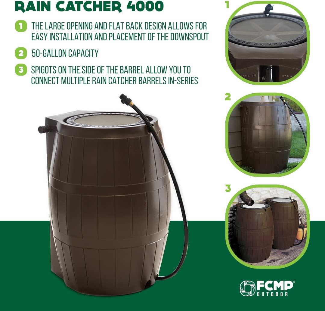 FCMP Outdoor 50 Gallon BPA Free Flat Back Home Rain Catcher Water Storage Collection Barrel