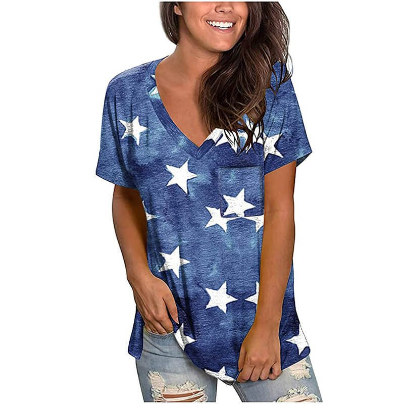 Adult Independence Day T-shirt Classic V Neck Tee Short Sleeve Fashion Tops for Women