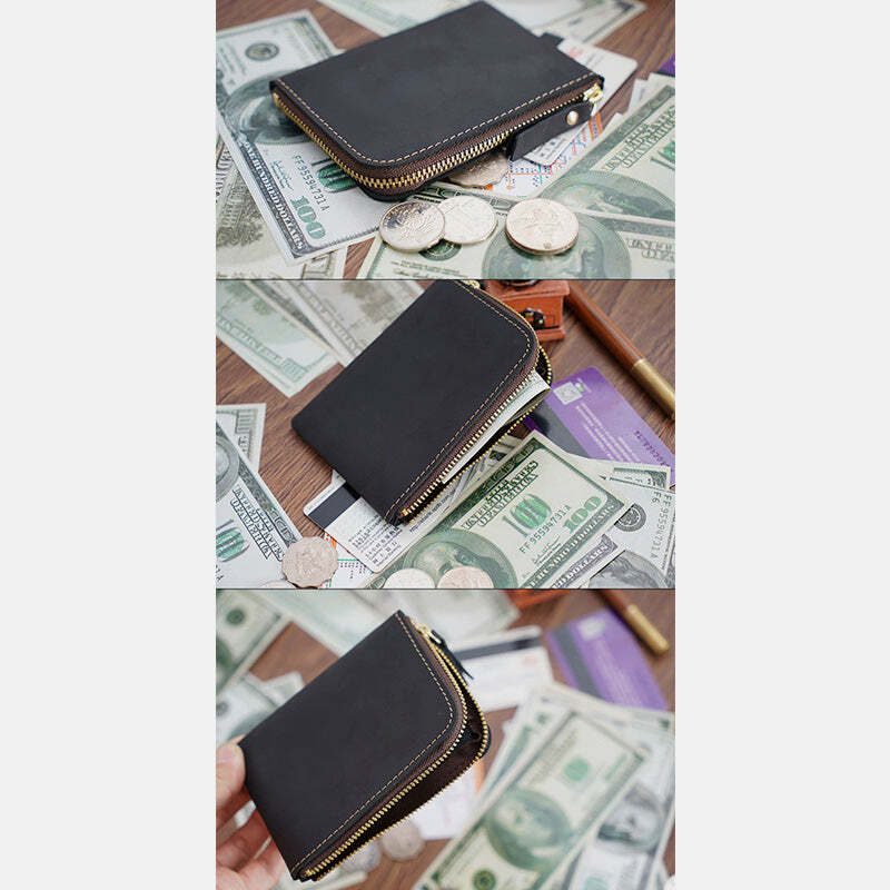 Vintage Genuine Leather Slim Zip Wallet Crazy Horse Leather Coin Purse