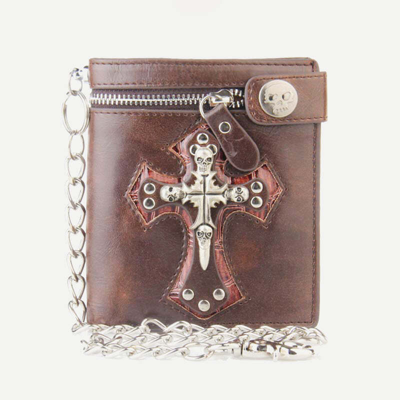Mens Gothic Skull Cross Leather Punk Wallet with Long Metal Chain