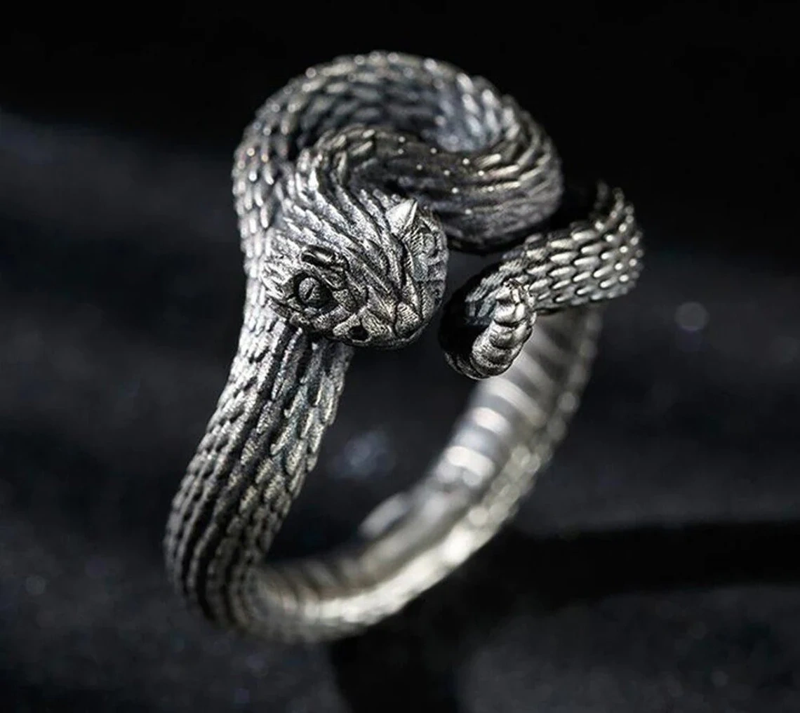 VINTAGE SILVER PLATED RATTLESNAKE ADJUSTABLE GOTHIC RINGS