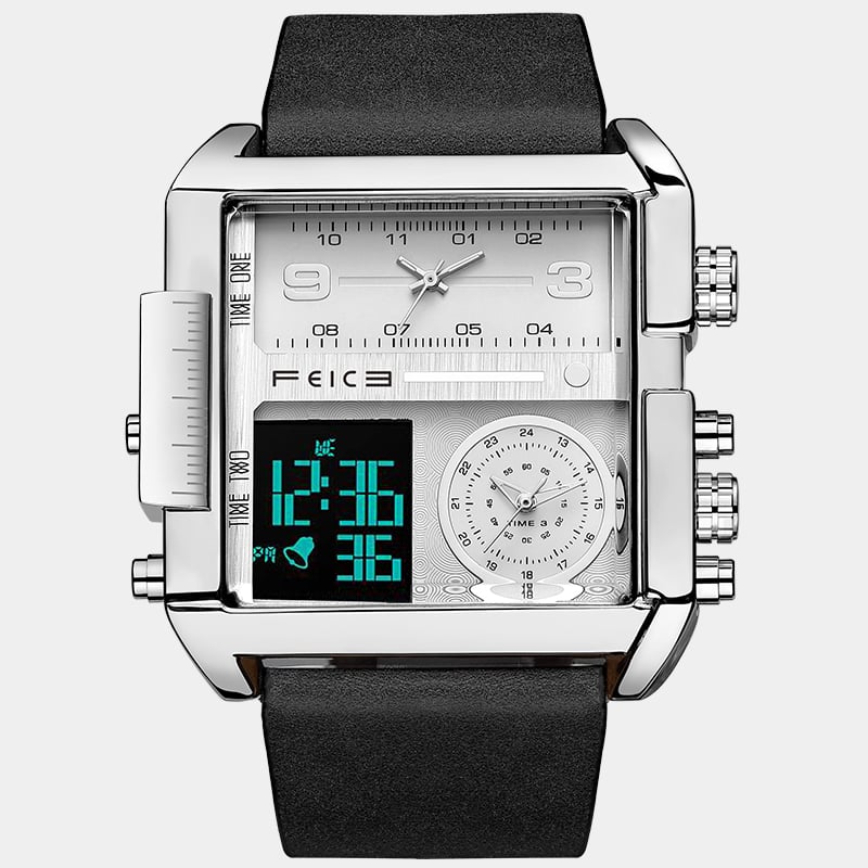 Feice Men's Digital LED Analog Quartz Wristwatch - Multifunction Square Chronograph with 24h Calendar, Leather Band, Unique Design FK030