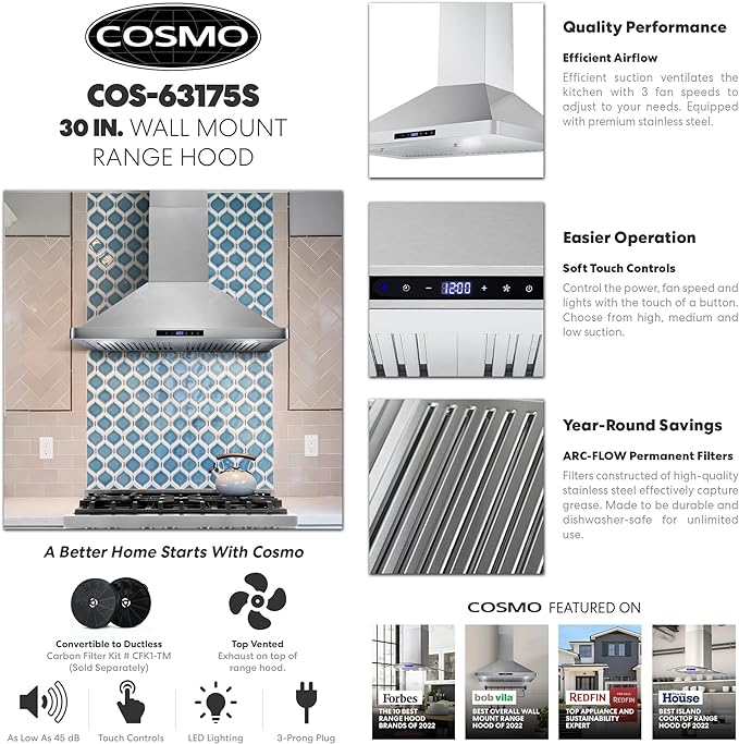 COSMO Wall Mount Range Hood with Ducted Convertible Ductless 30 inch