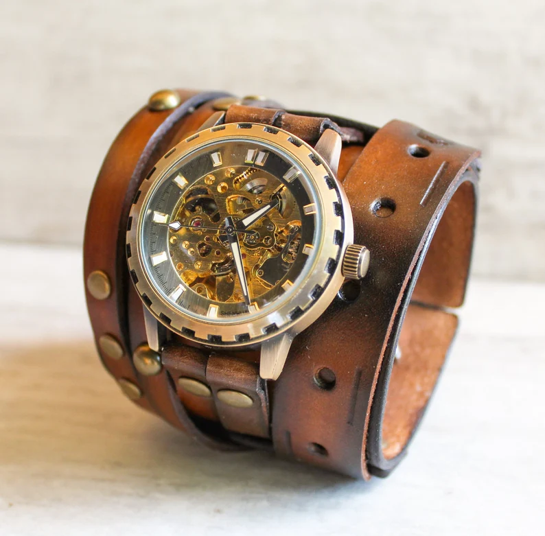Men's Steampunk Leather Watch Cuff|Mechanical Watch