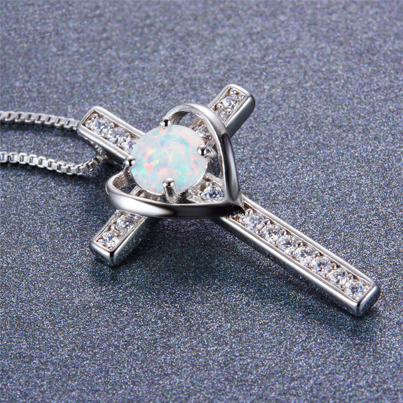 (⚡Last Day Flash Sale-50% OFF) 925 Sterling Silver opal Cross Heart Pendant Necklace-BUY 2 FREE SHIPPING