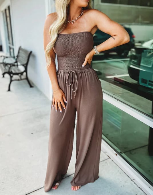🔥2023 Hot Sale 49%-OFF🔥Off Shoulder Solid Color Smocked Jumpsuit