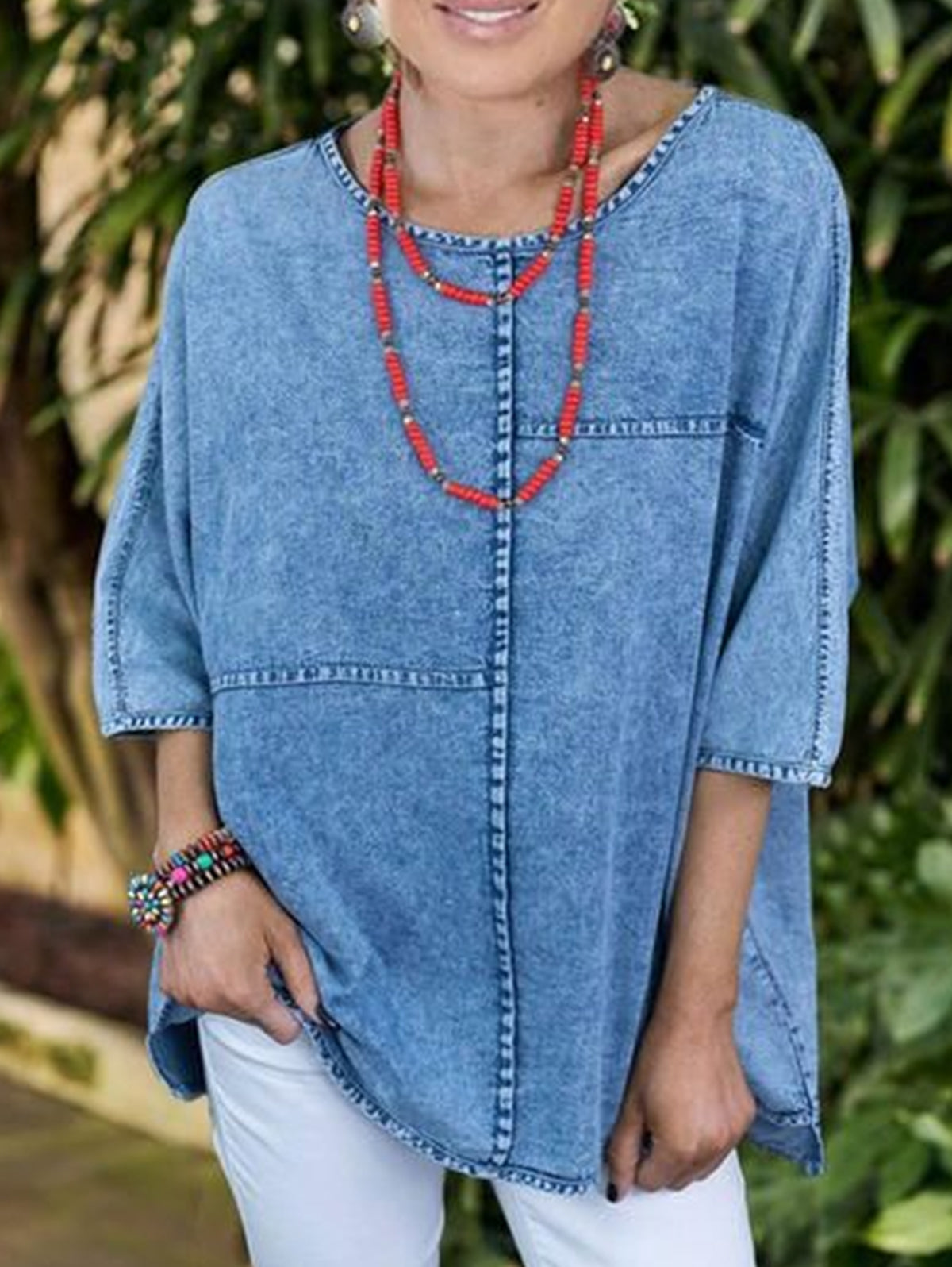 Casual Plain Half Sleeve Spliced Denim Loose Shirt - Cikila·High ...