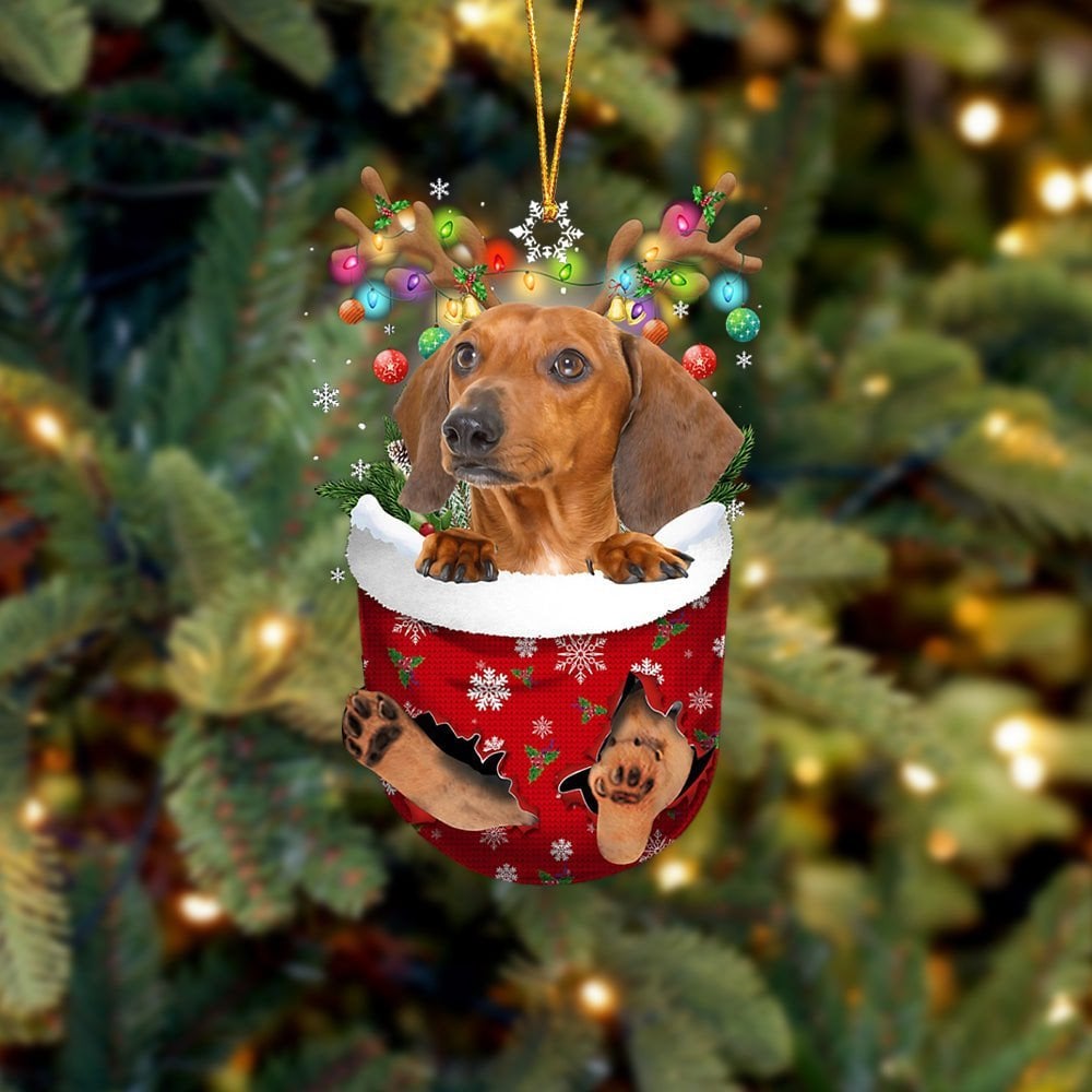 RED Dachshund In Snow Pocket Ornament