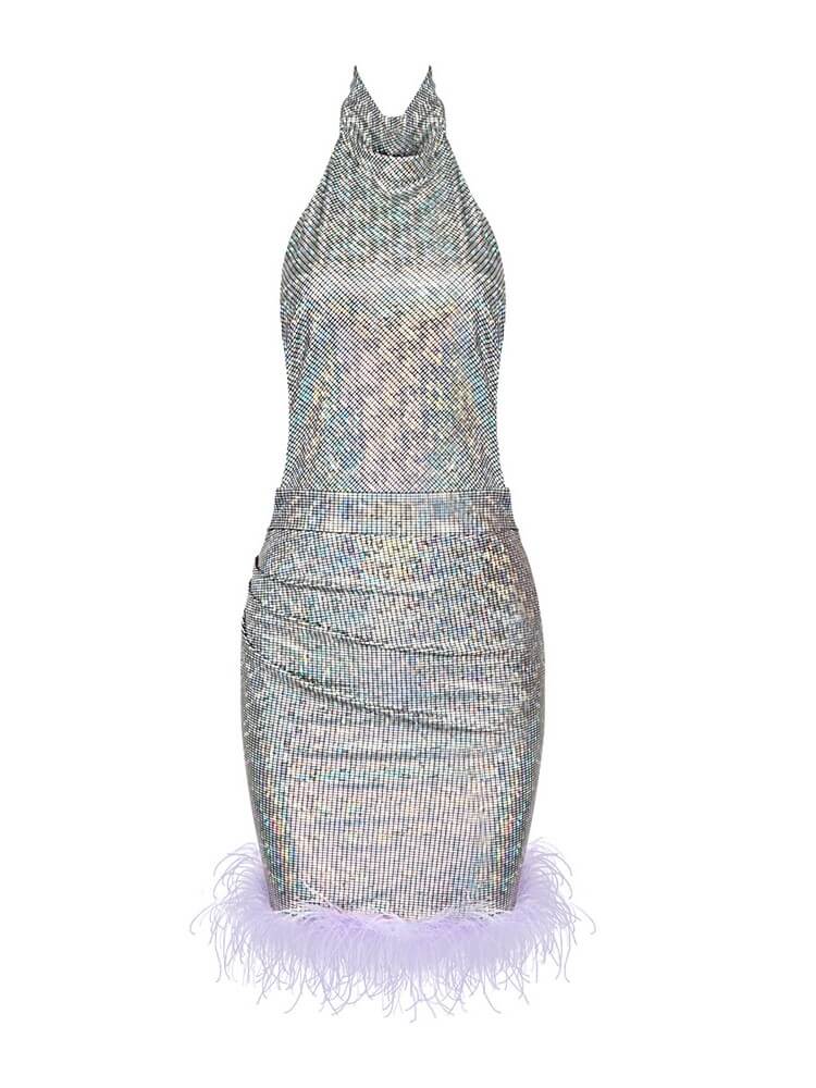 Delia Halterneck Feather Trimmed Mini Dress