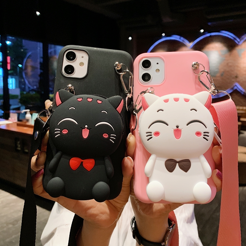 Cartoon Lucky Cat Silicone Zipper Storage Case Cover for iPhone
