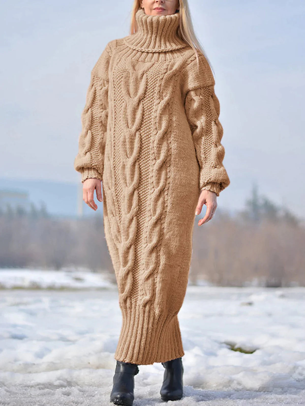 High Neck Cable Knit Maxi Sweater Dress