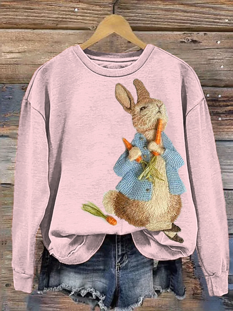 Bunny Embroidery Art Casual Cozy Sweatshirt