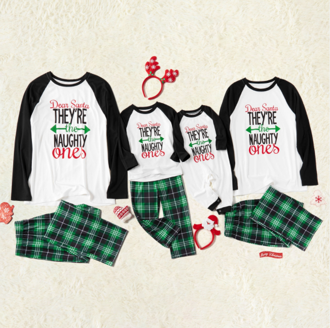 Christmas Letter Contrast Top and Plaid Pants Family Matching Pajamas Sets (Flame Resistant)