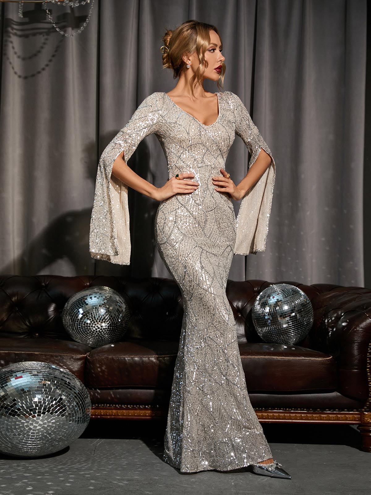Hayley Long Sleeve Sequin Maxi Dress In Silver