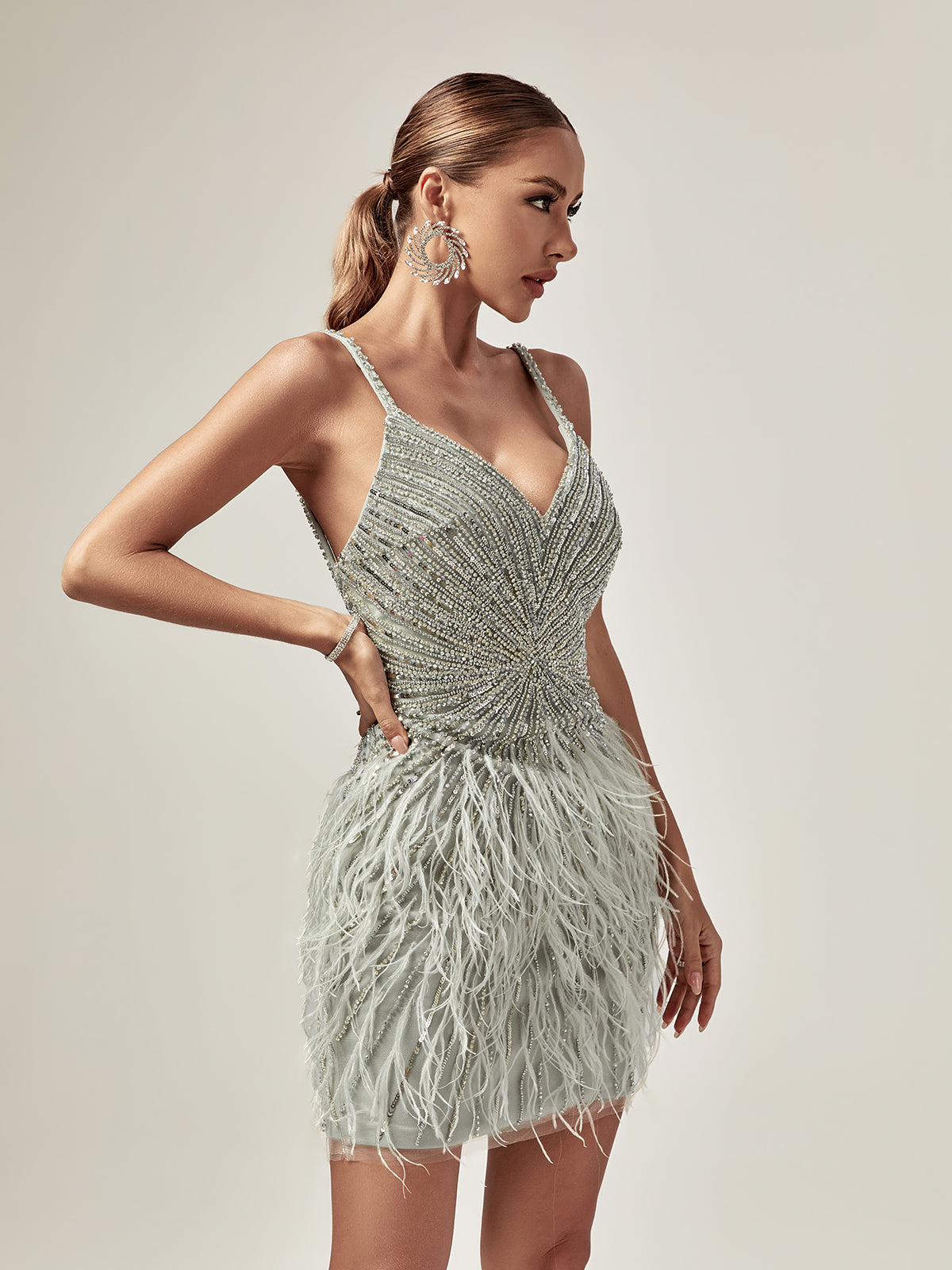 Emma Spaghetti Embellished Feather Mini Dress In Grey