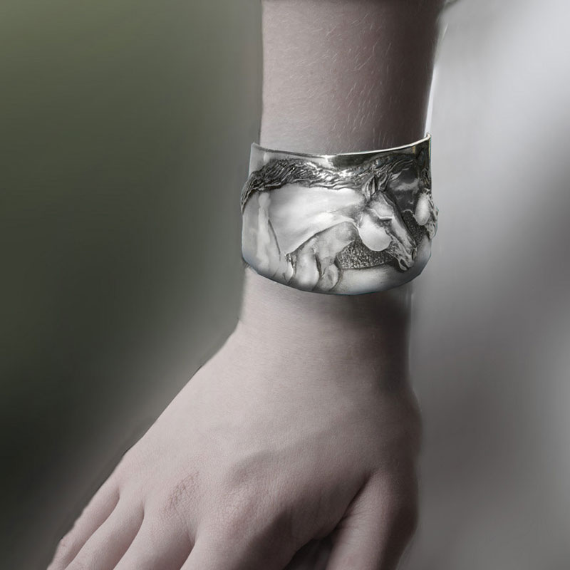 Two Horse Heads cuff bracelet in pewter handmade USA