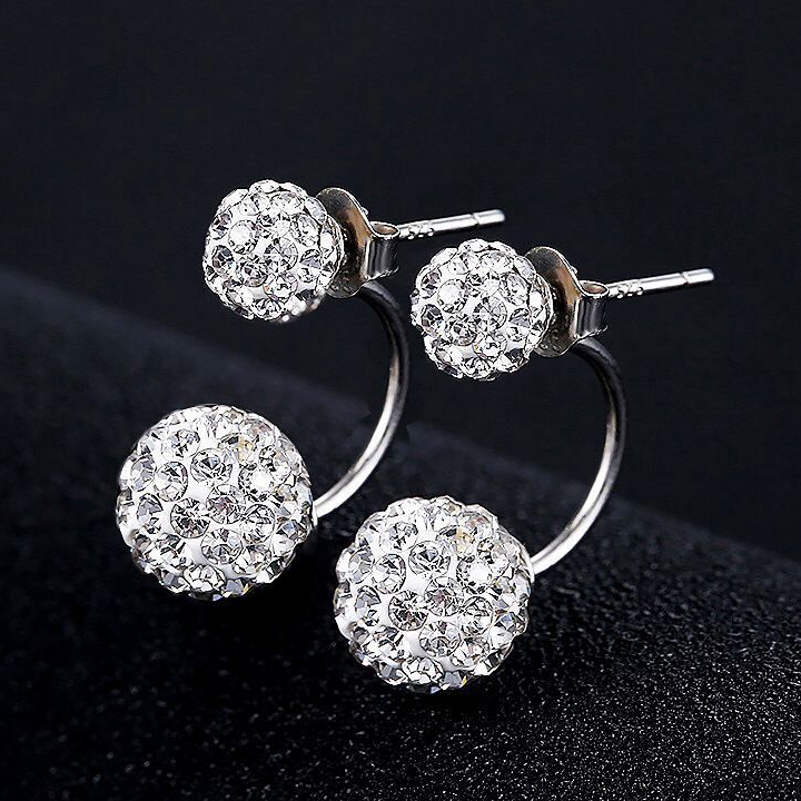 Sterling Silver Arched Stud Earrings with Diamond Double Balls