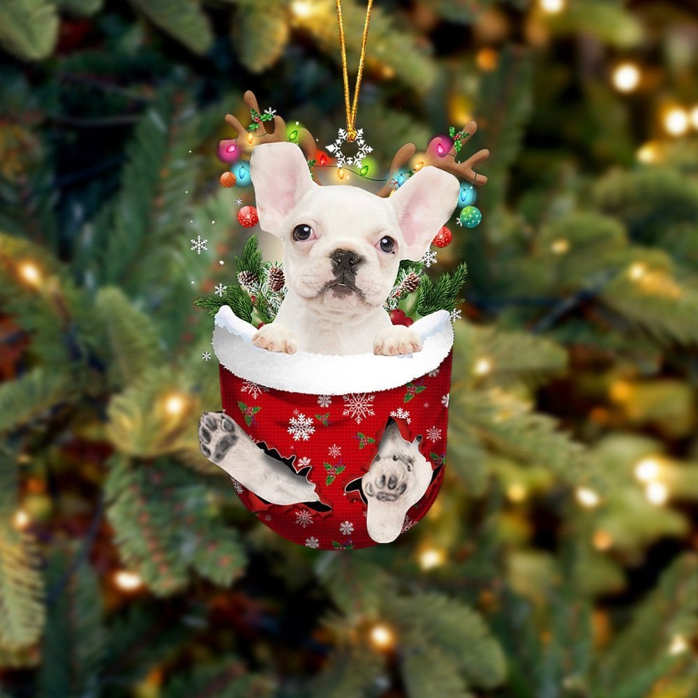 WHITE French Bulldog In Snow Pocket Ornament