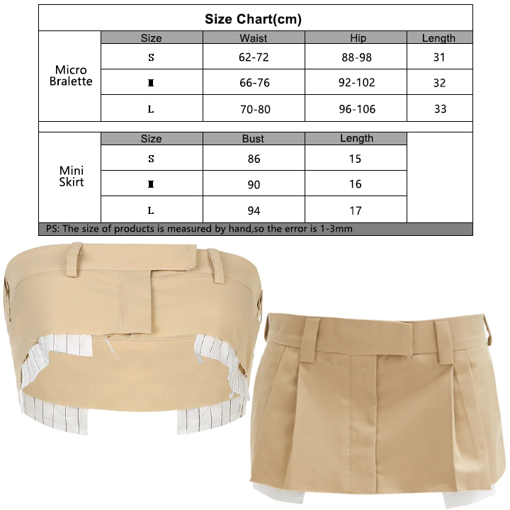 Khaki Mini Skirt with Micro Bralette - Pleated Low-rise Skirt & Ultra-Short Top for Self-Confident Sex Appeal
