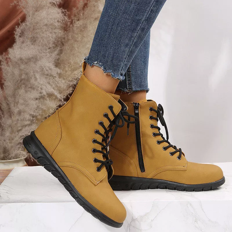 Women's solid color lace-up side zipper casual wedge boots
