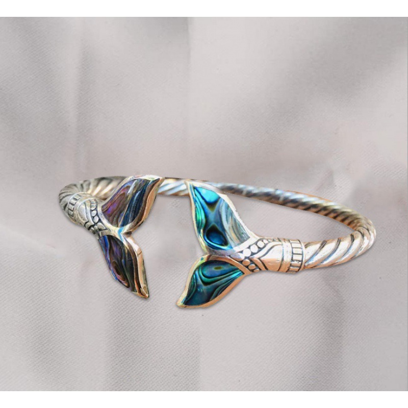 Abalone Shell and Silver Mermaid Tail Bangle Bracelet