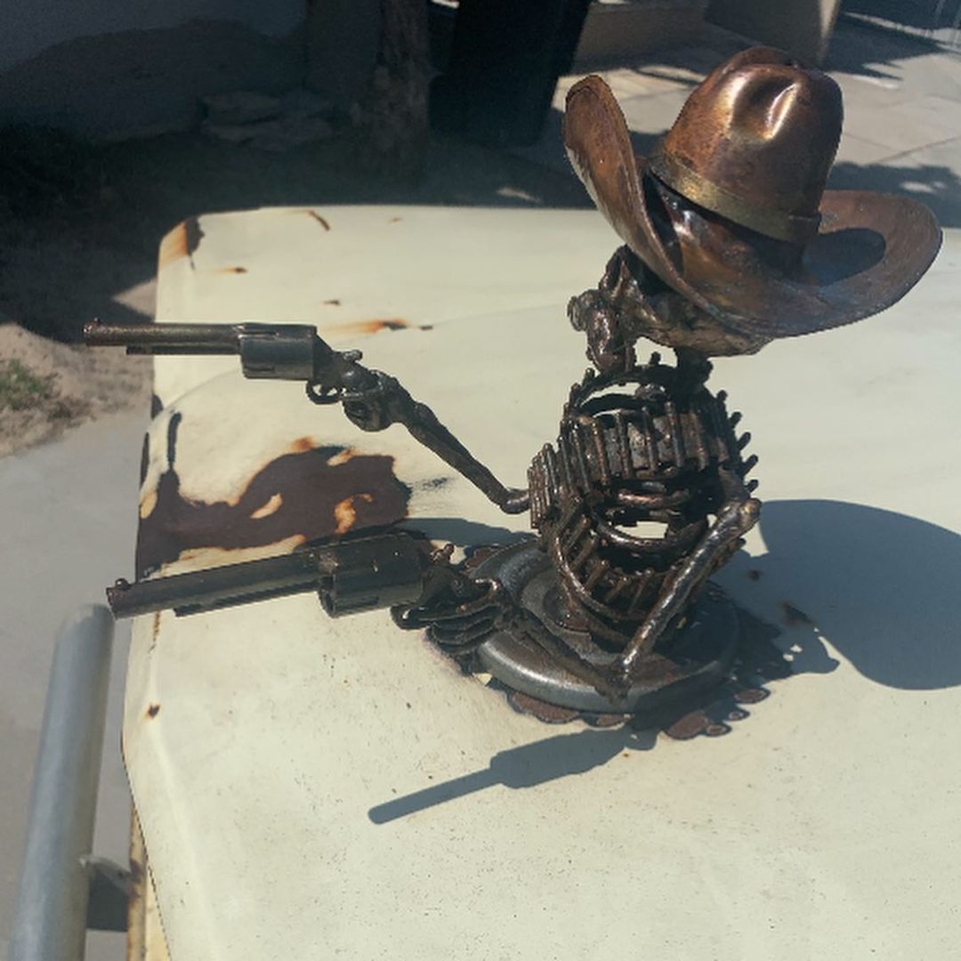 Cowboy Skull Gunslinger Hood Ornament Sculpture, Hot Rod