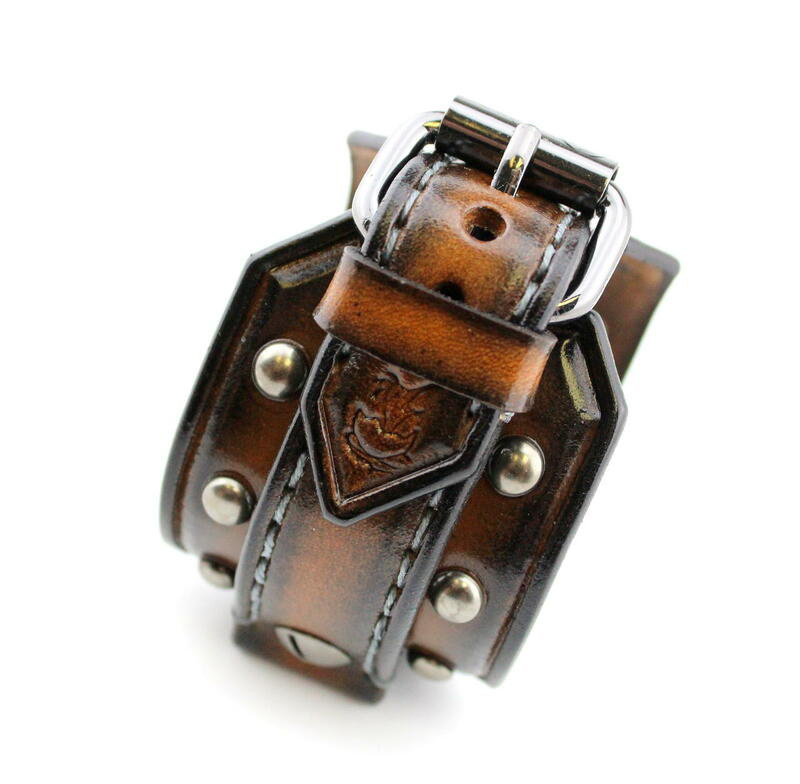 Steampunk Riveted Leather Cuff Watch In Aged Brown Color