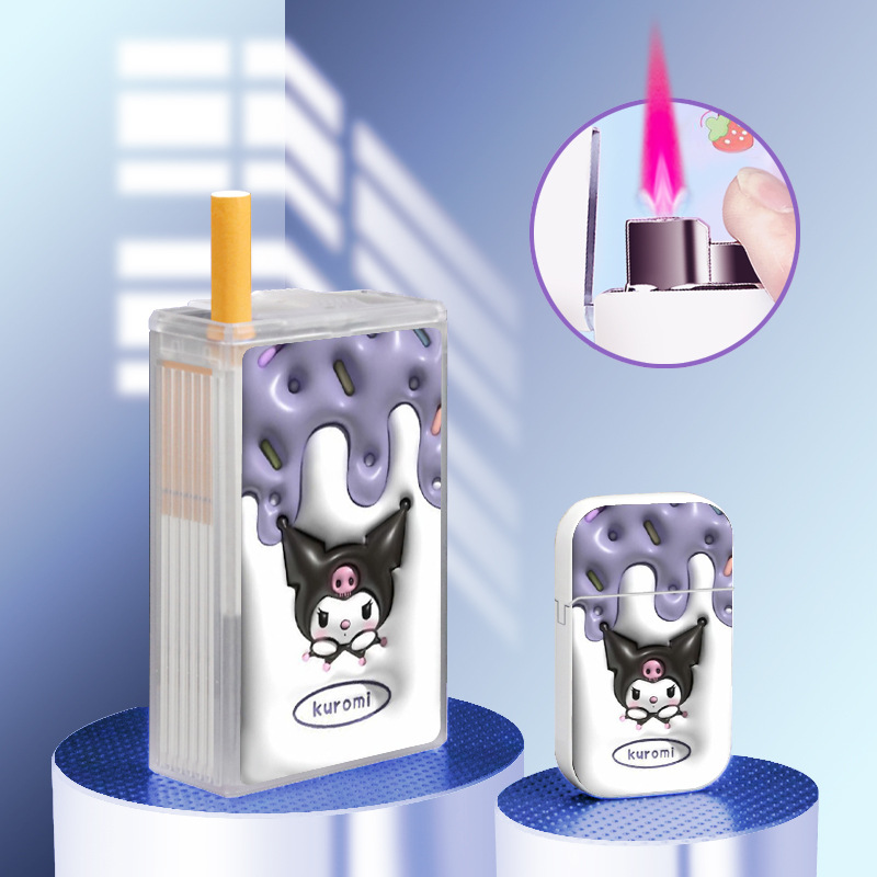 Cartoon 3D cigarette case with windproof lighter pink flame lighter