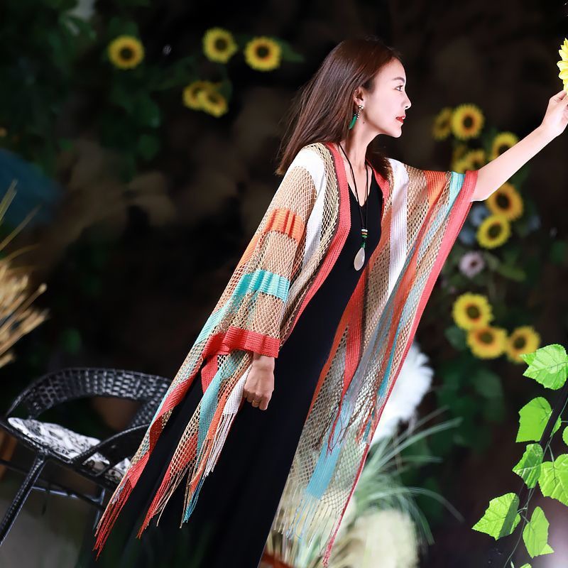 (HOT SALE-45% OFF 🔥) Summer Retro  Striped Hollow Ice Silk Shawl