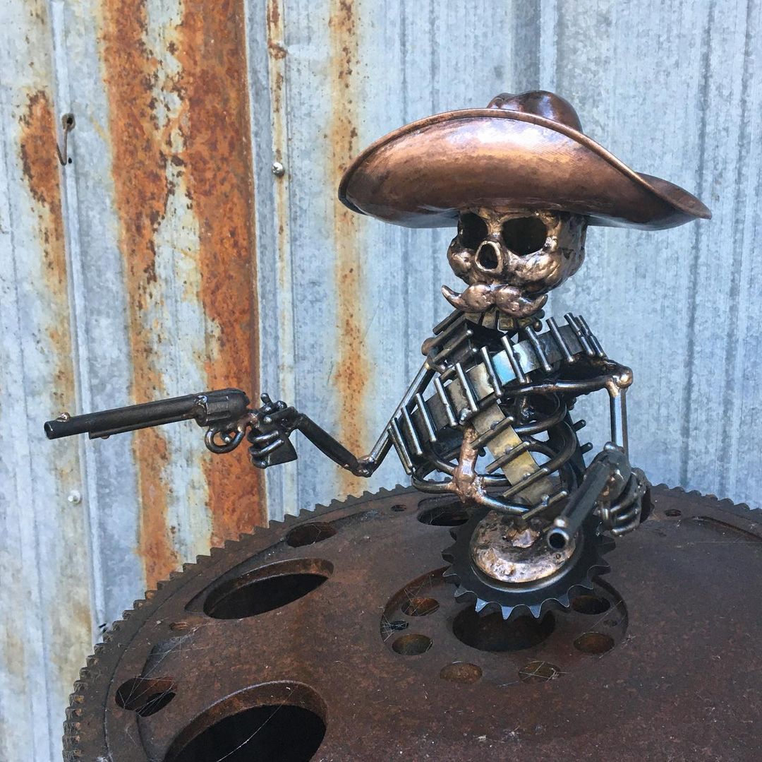 Cowboy Skull Gunslinger Hood Ornament Sculpture, Hot Rod
