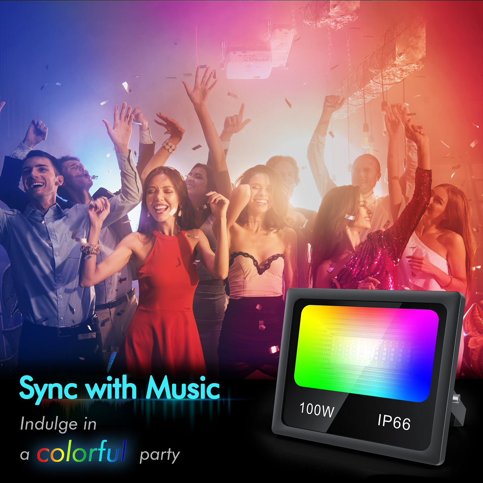 100W RGB Floodlight Outdoor or Indoor,Bluetooth Smart Colour Changing LED Flood Light APP Control,Waterproof Stage Landscape with Dimmable,Timing,Grouping Control,Music Sync