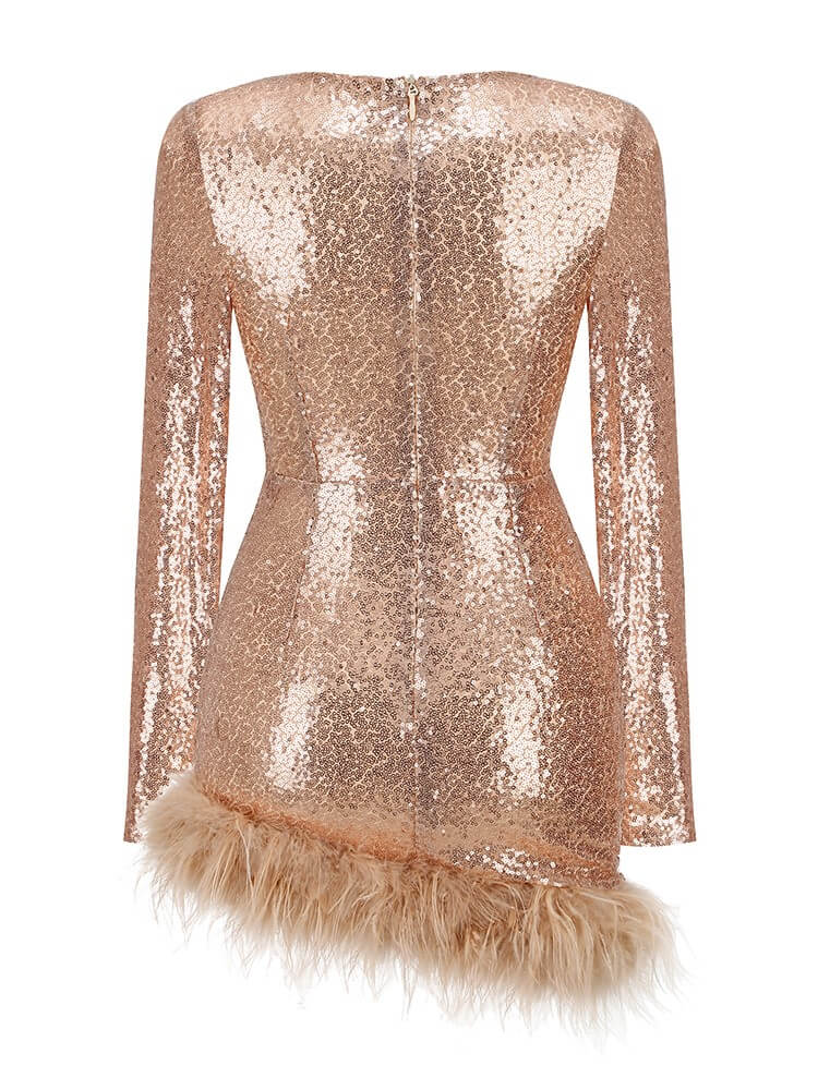 Daria Sequin Feather Mini Dress In Champagne