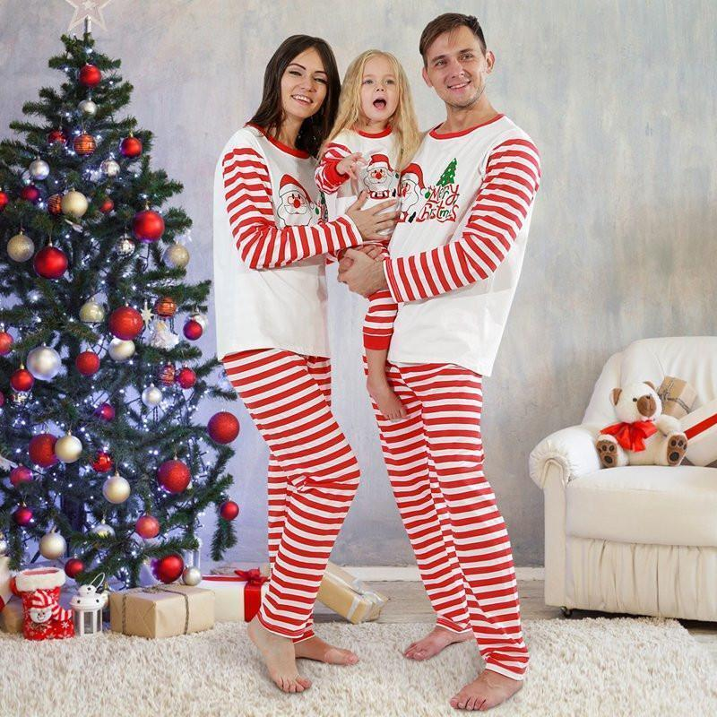Christmas Santa Claus Print Top and Striped Pants Family Matching Pajamas Sets