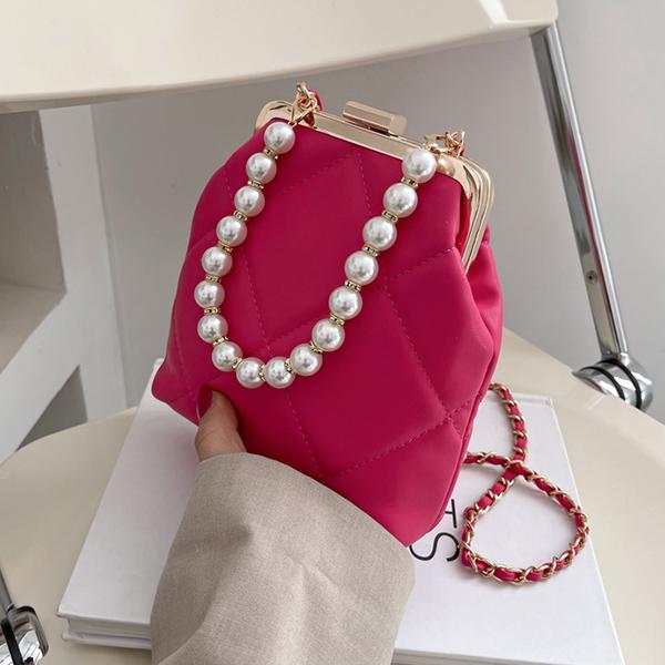 Chicinskates Pure Color Soft Surface Lock Pearl Chain Bag