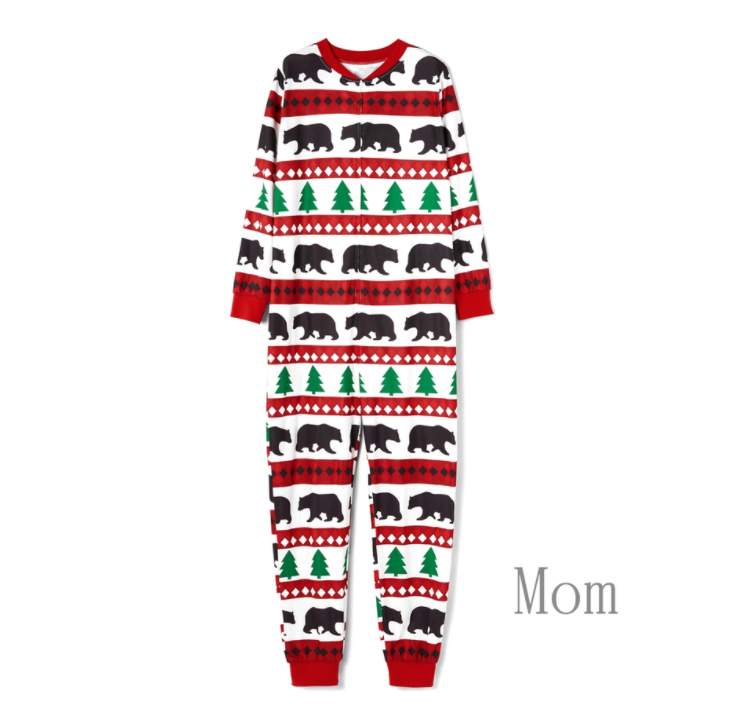 Christmas Tree and Bear Patterned Family Matching Onesies Flapjack Pajamas （Flame Resistant）
