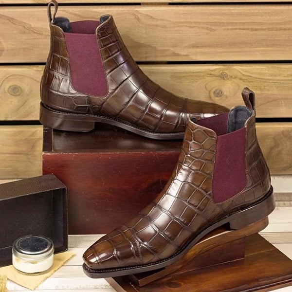 Chicinskates Men's Square Toe Check Leather Chelsea Boots