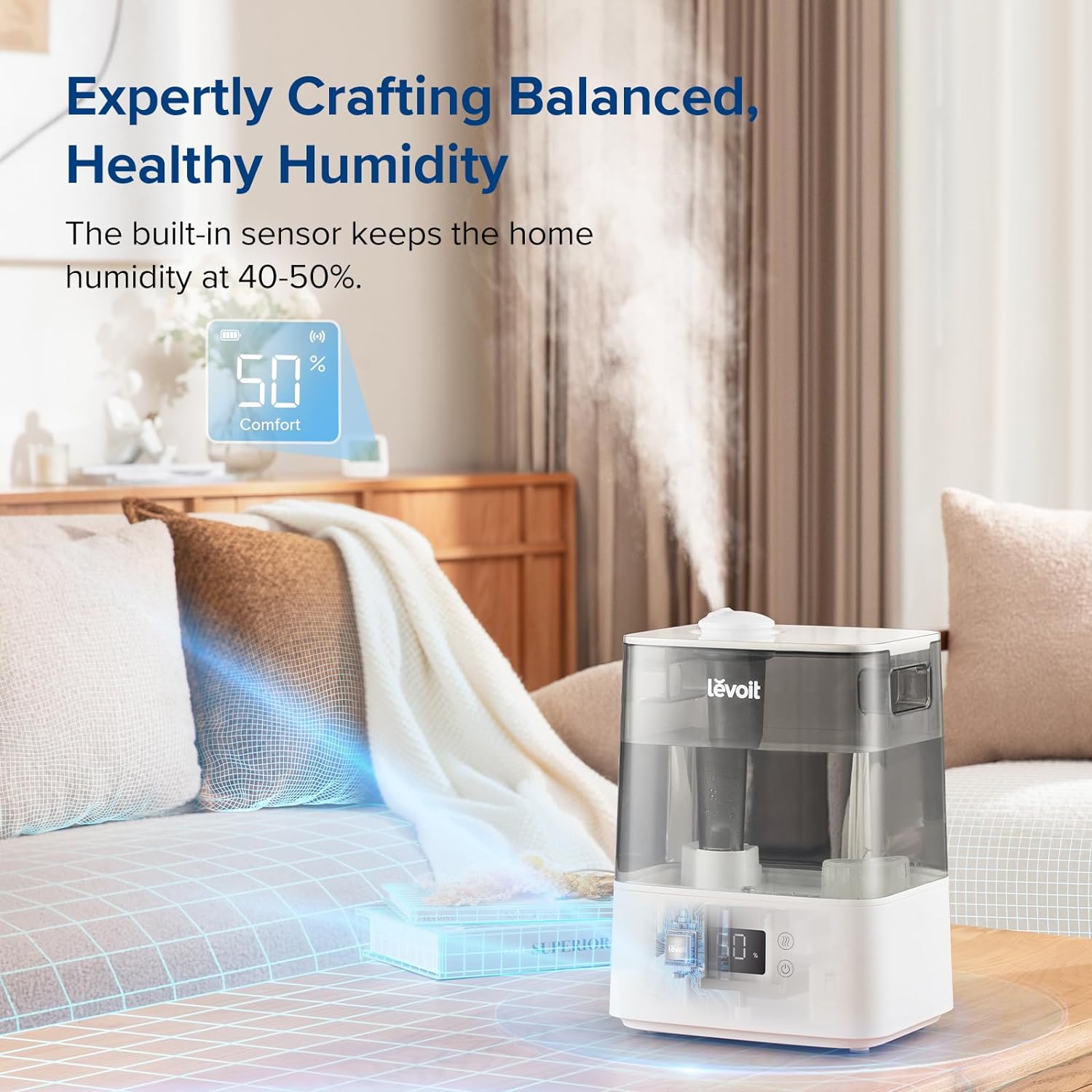 LEVOIT Ultrasonic Smart Top Fill Humidifier Extra Large 6L Tank with Night Light