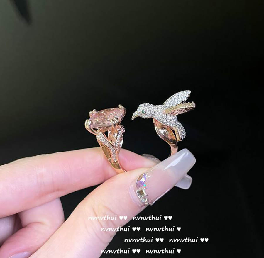 Blue diamond hummingbird openign ring Green oval Luxury elegant adjust index finger ring animals jewelry for women
