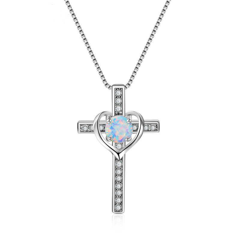 (⚡Last Day Flash Sale-50% OFF) 925 Sterling Silver opal Cross Heart Pendant Necklace-BUY 2 FREE SHIPPING