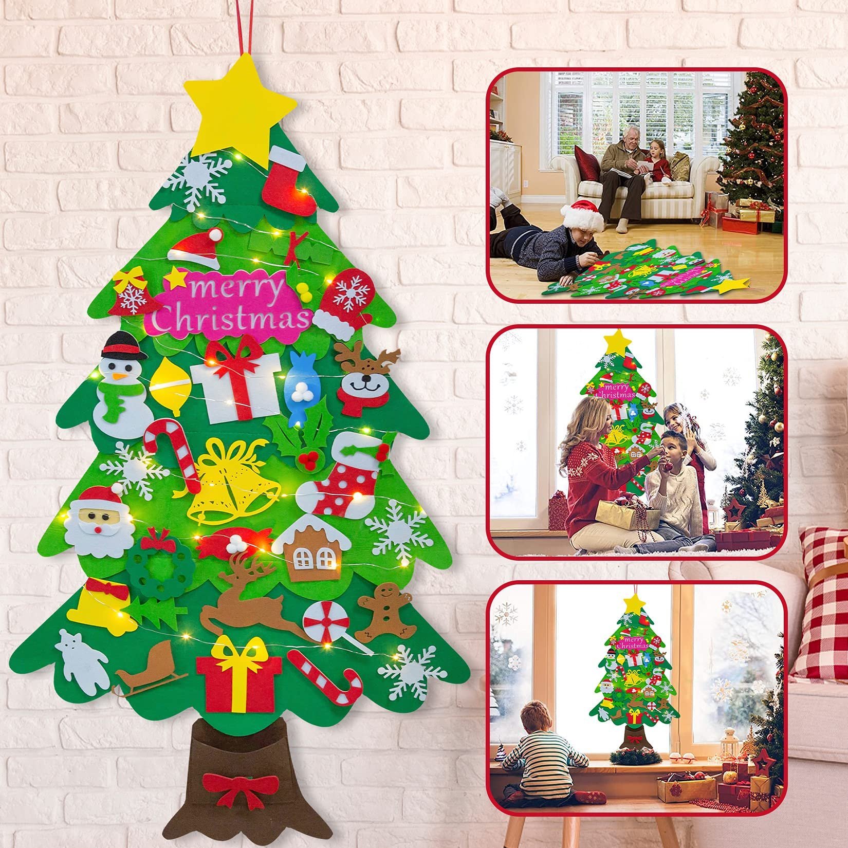 🧒🎄Felt Christmas Tree Set With 32PCS Ornaments Wall Hanging Tree & 35LED String Lights