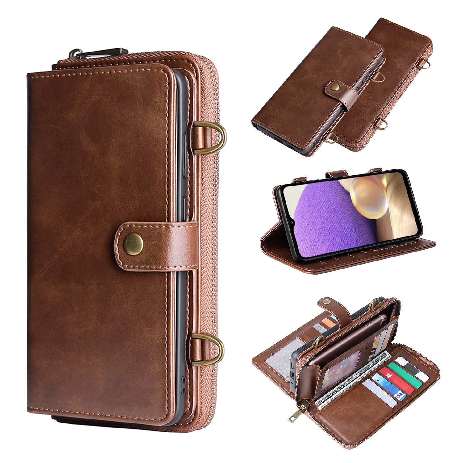 2 in 1 Detachable Magnetic Wallet Phone Case with Card Holder, PU Leather Flip Cover with Lanyard, Card Slots