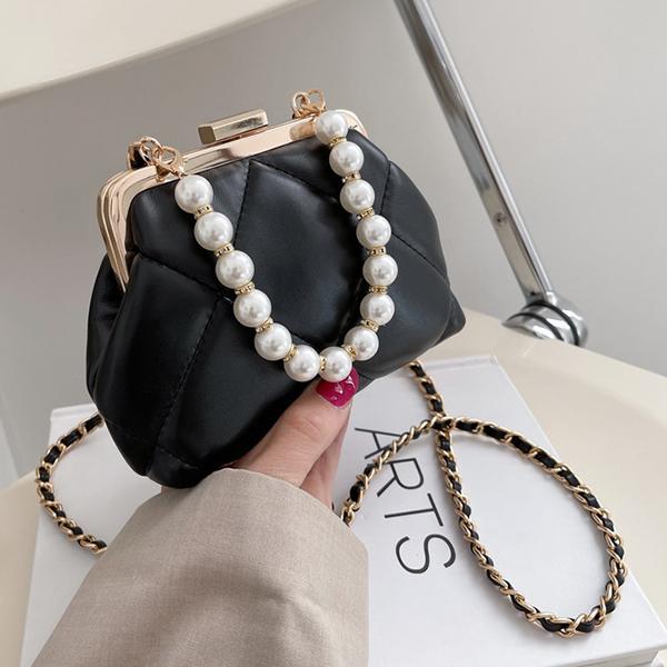 Chicinskates Pure Color Soft Surface Lock Pearl Chain Bag