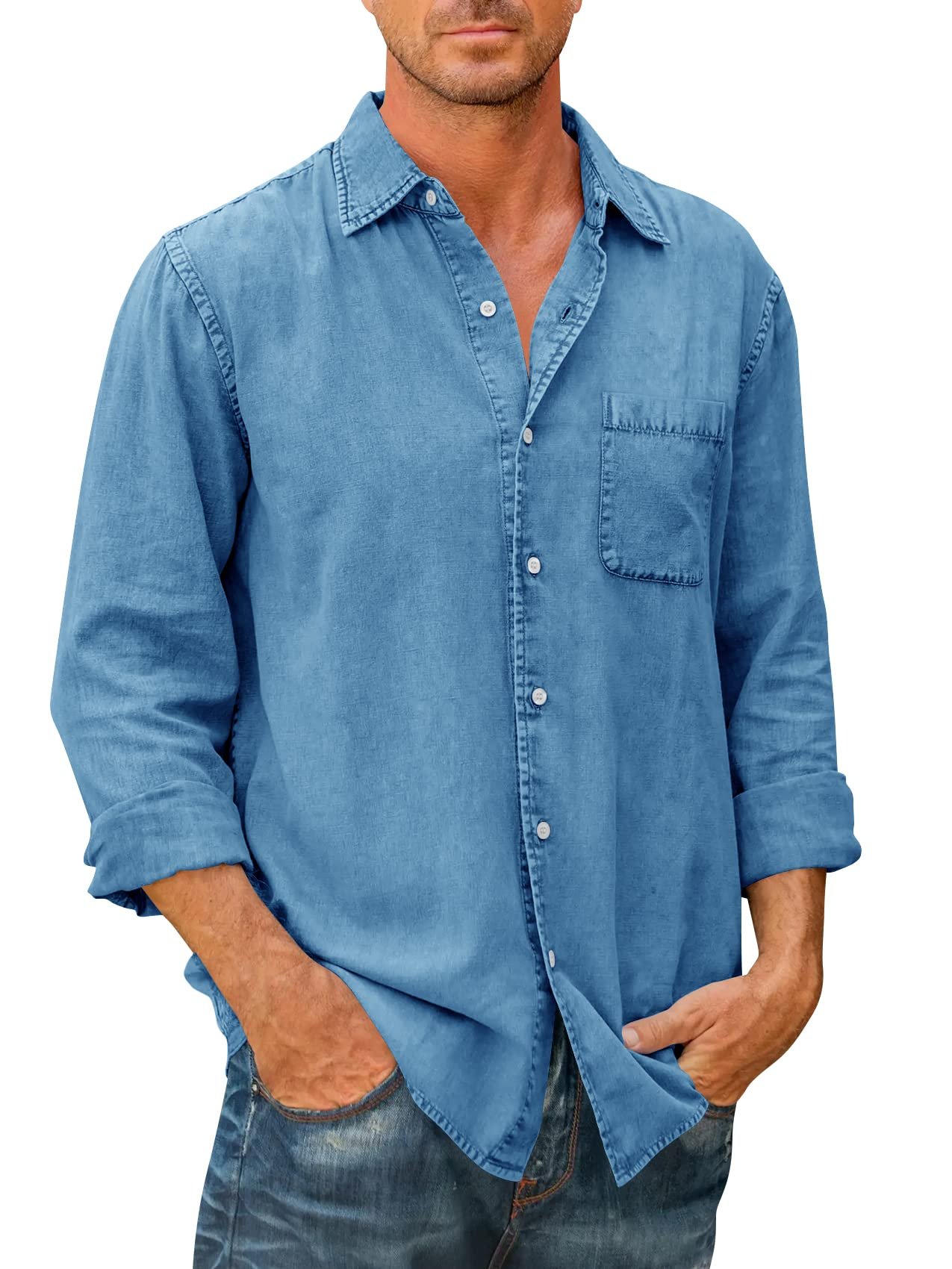 🔥🔥Free Shipping-Mens Denim Long Sleeve Button Down Shirt