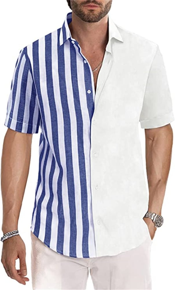 Spring summer men's cotton linen striped button shirt