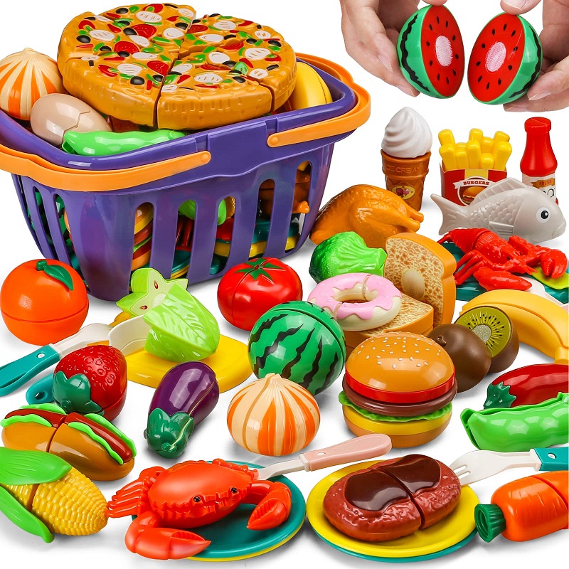 Cutting Play Food Toy for Kids Kitchen Set,Pretend Cooking Fruit &Vegetables&Fast Food