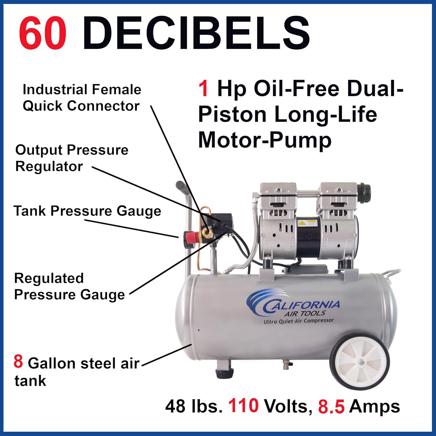 California Air Tools Steel Tank Air Compressor Ultra Quiet Oil-Free 1.0 hp 8 gal Steel