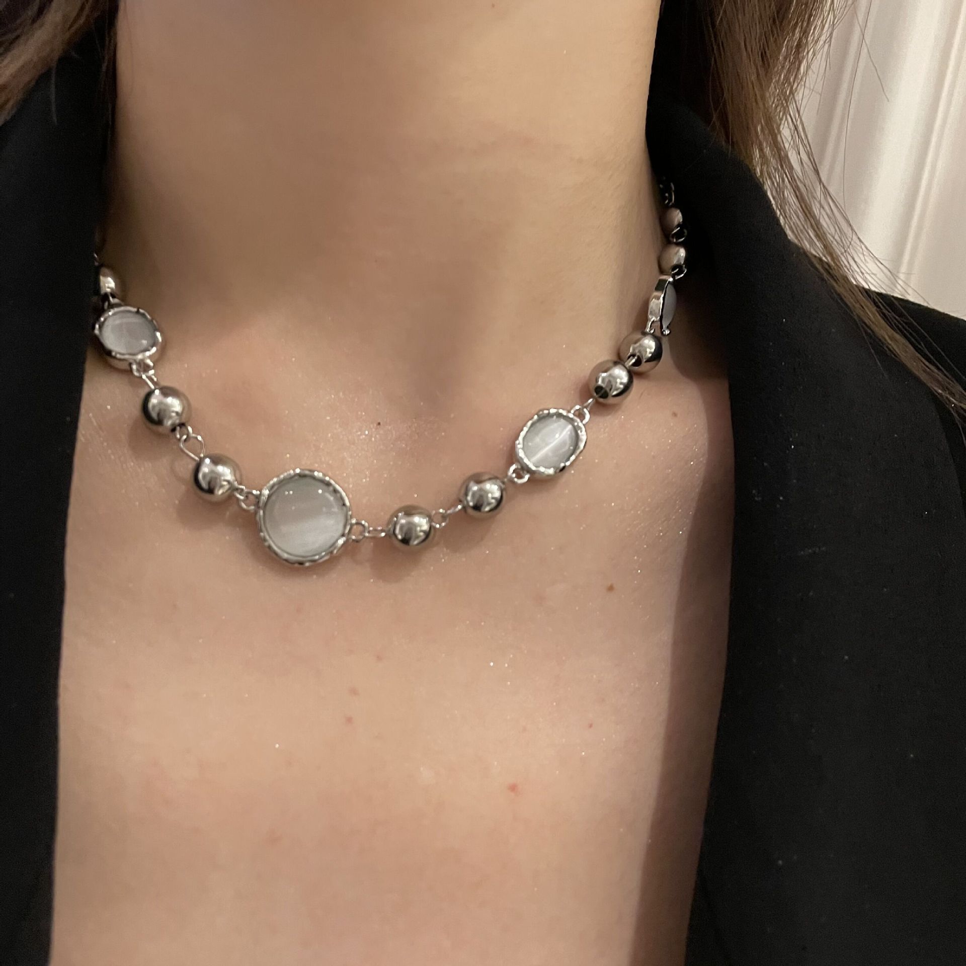 Light luxury gemstone round bead necklace